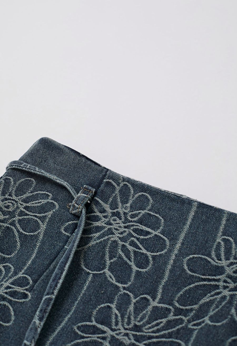 Floral Jacquard Tie-String Fringed Denim Maxi Skirt