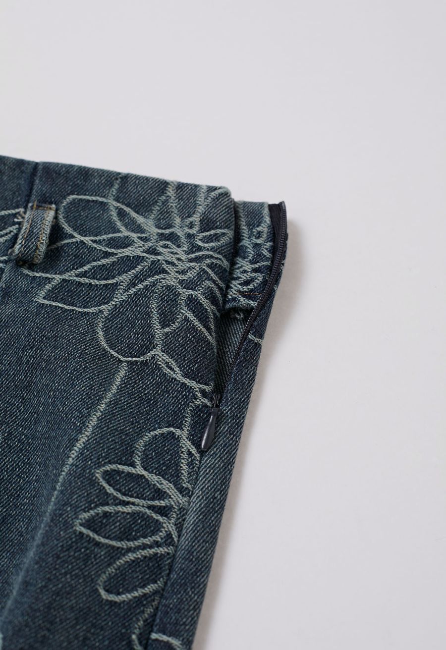 Floral Jacquard Tie-String Fringed Denim Maxi Skirt