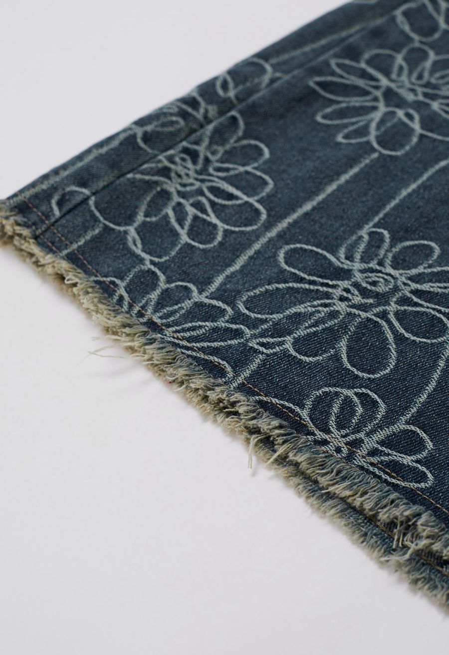 Floral Jacquard Tie-String Fringed Denim Maxi Skirt