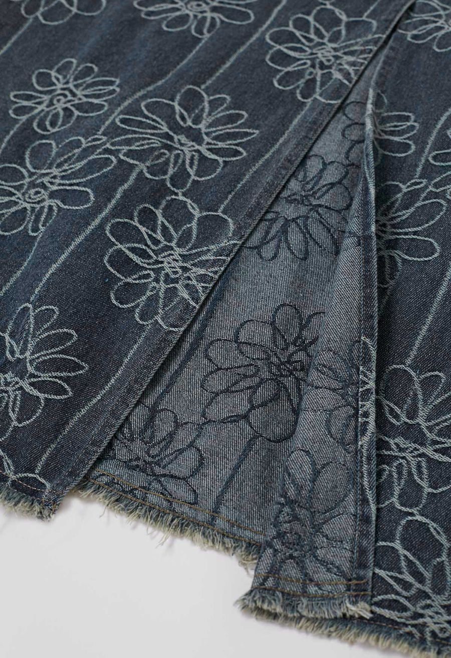 Floral Jacquard Tie-String Fringed Denim Maxi Skirt