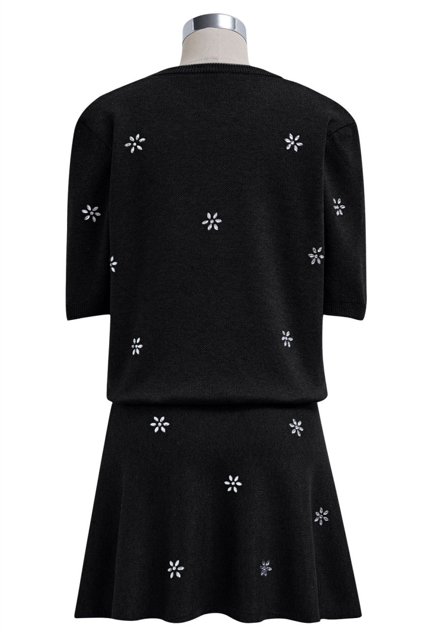 Floral Rhinestones Embellished Knit Top and Skirt Set in Black
