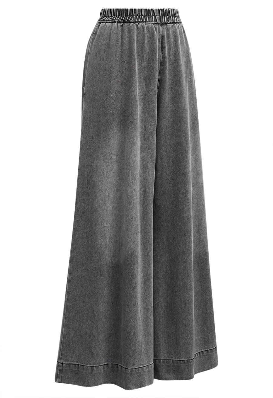 Sleek Proposition Elastic Waist Wide-Leg Jeans in Grey