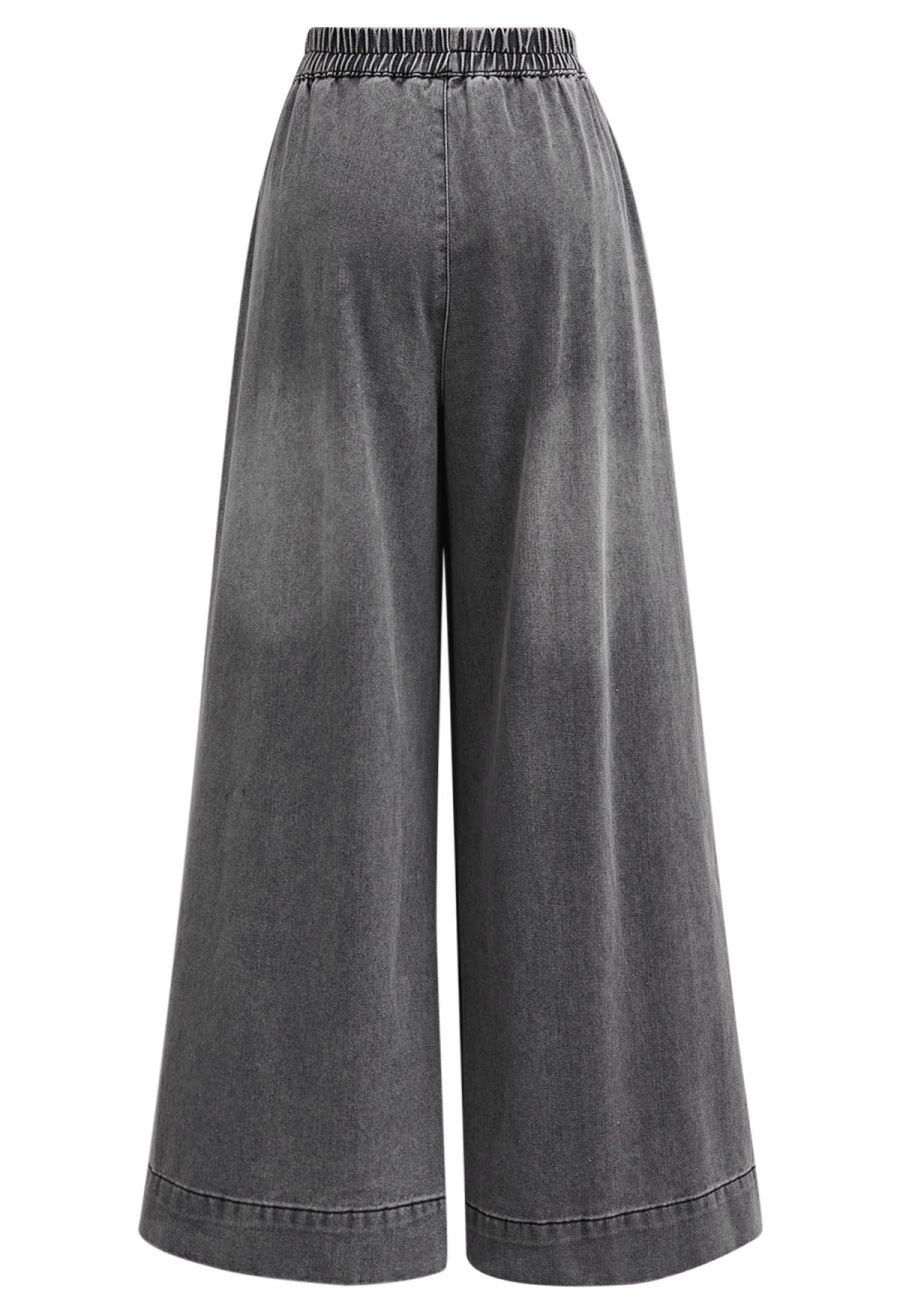 Sleek Proposition Elastic Waist Wide-Leg Jeans in Grey