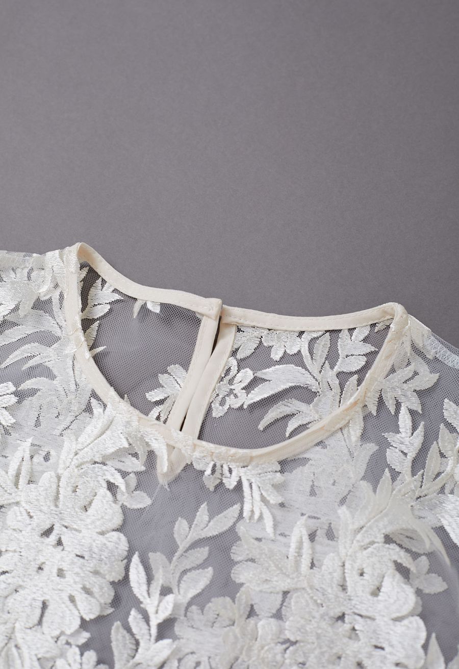 Floral Embroidered Sheer Mesh Top in Ivory