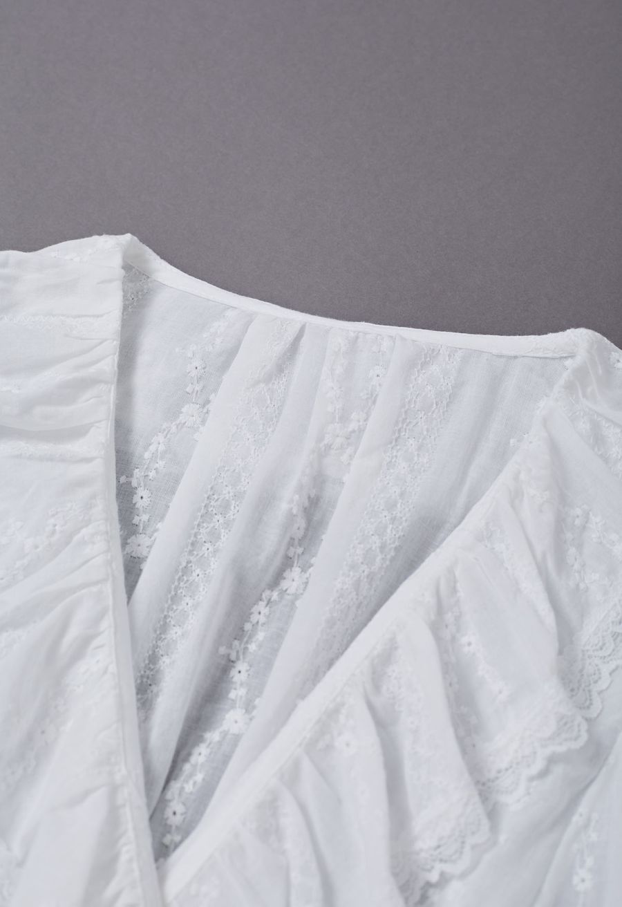 Lace Floret Embroidered Self-Tie Wrap Top in White