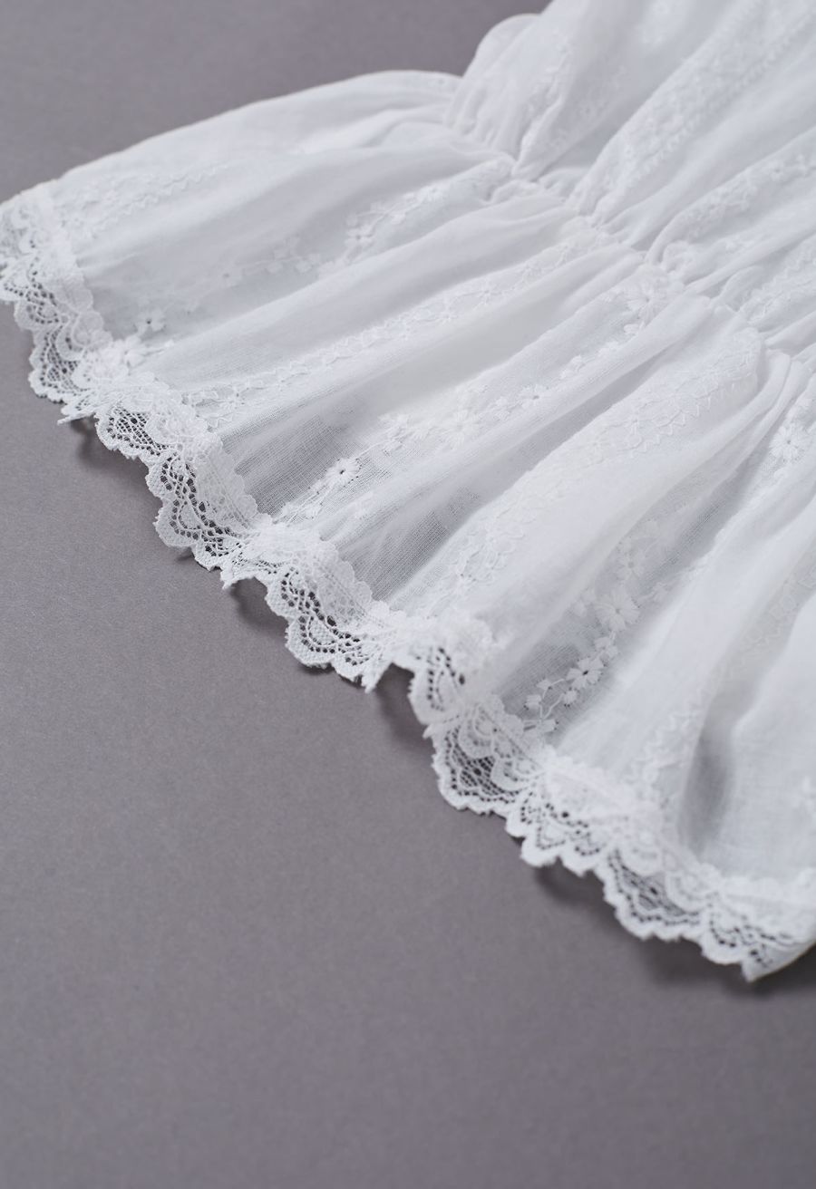 Lace Floret Embroidered Self-Tie Wrap Top in White