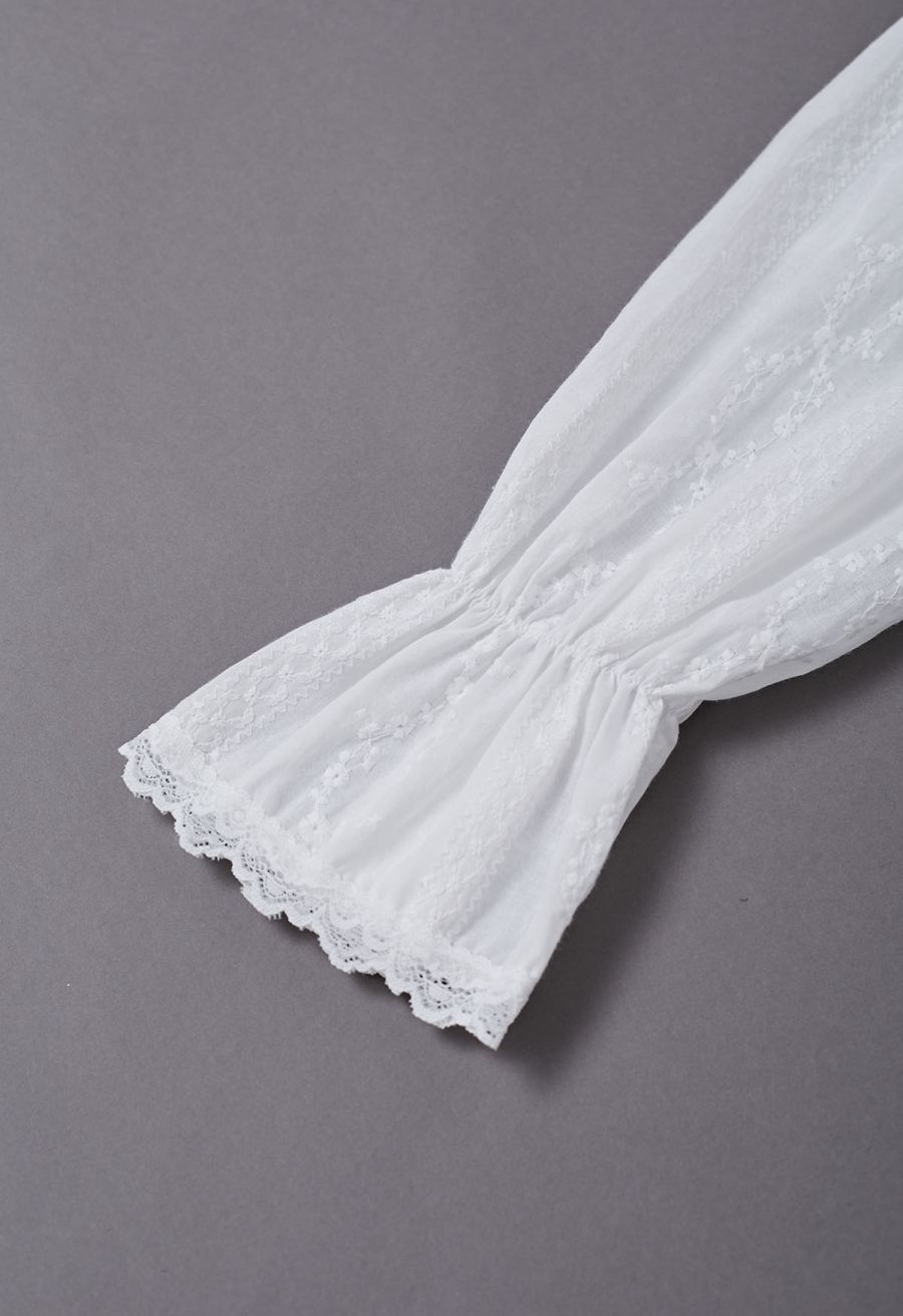 Lace Floret Embroidered Self-Tie Wrap Top in White