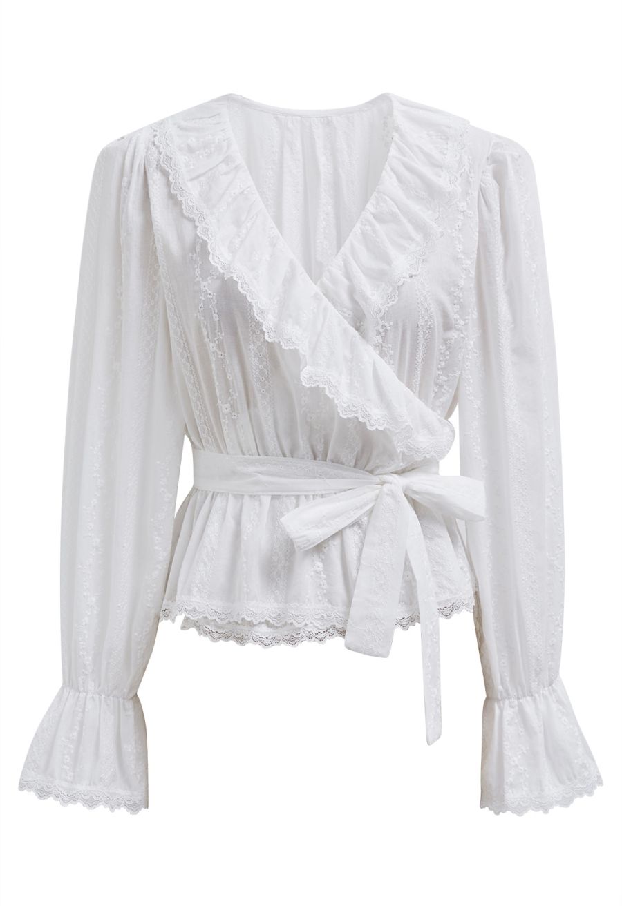 Lace Floret Embroidered Self-Tie Wrap Top in White