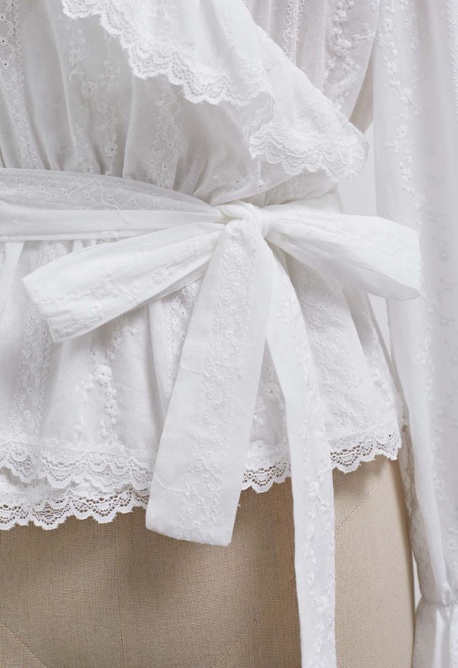 Lace Floret Embroidered Self-Tie Wrap Top in White