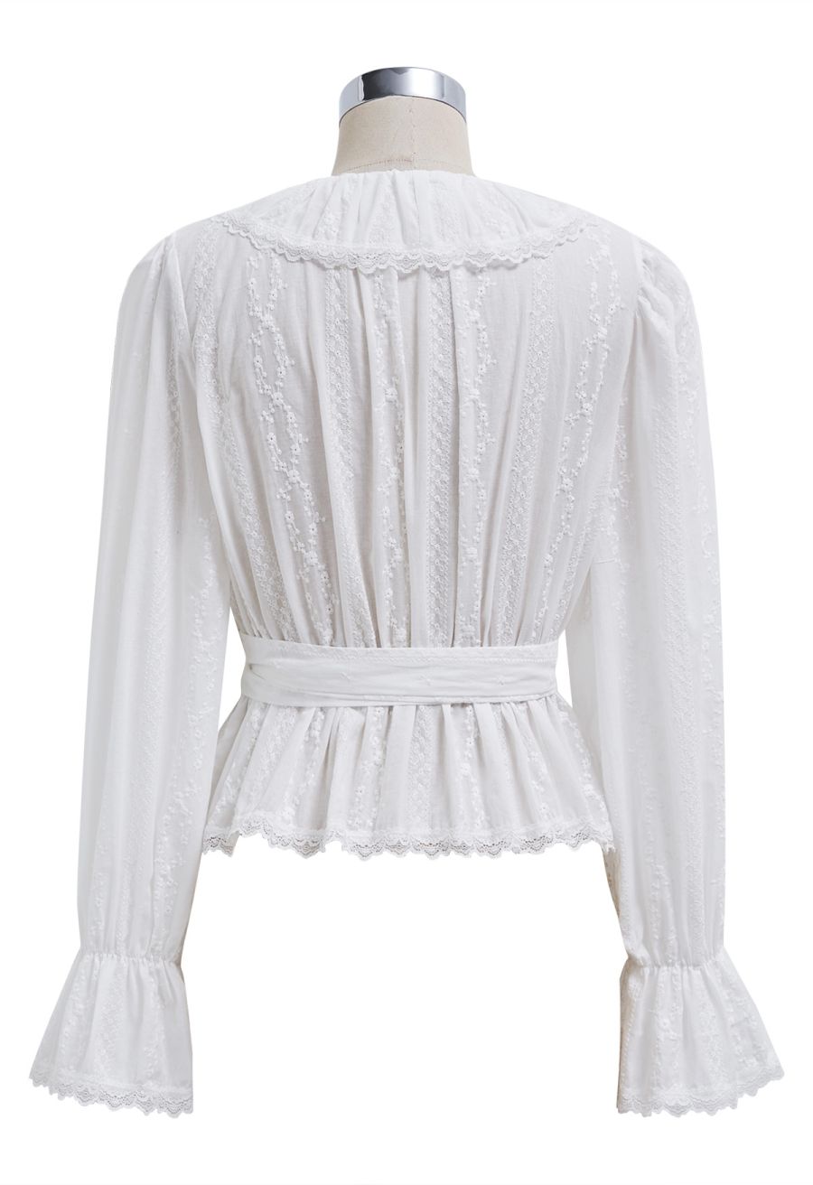 Lace Floret Embroidered Self-Tie Wrap Top in White
