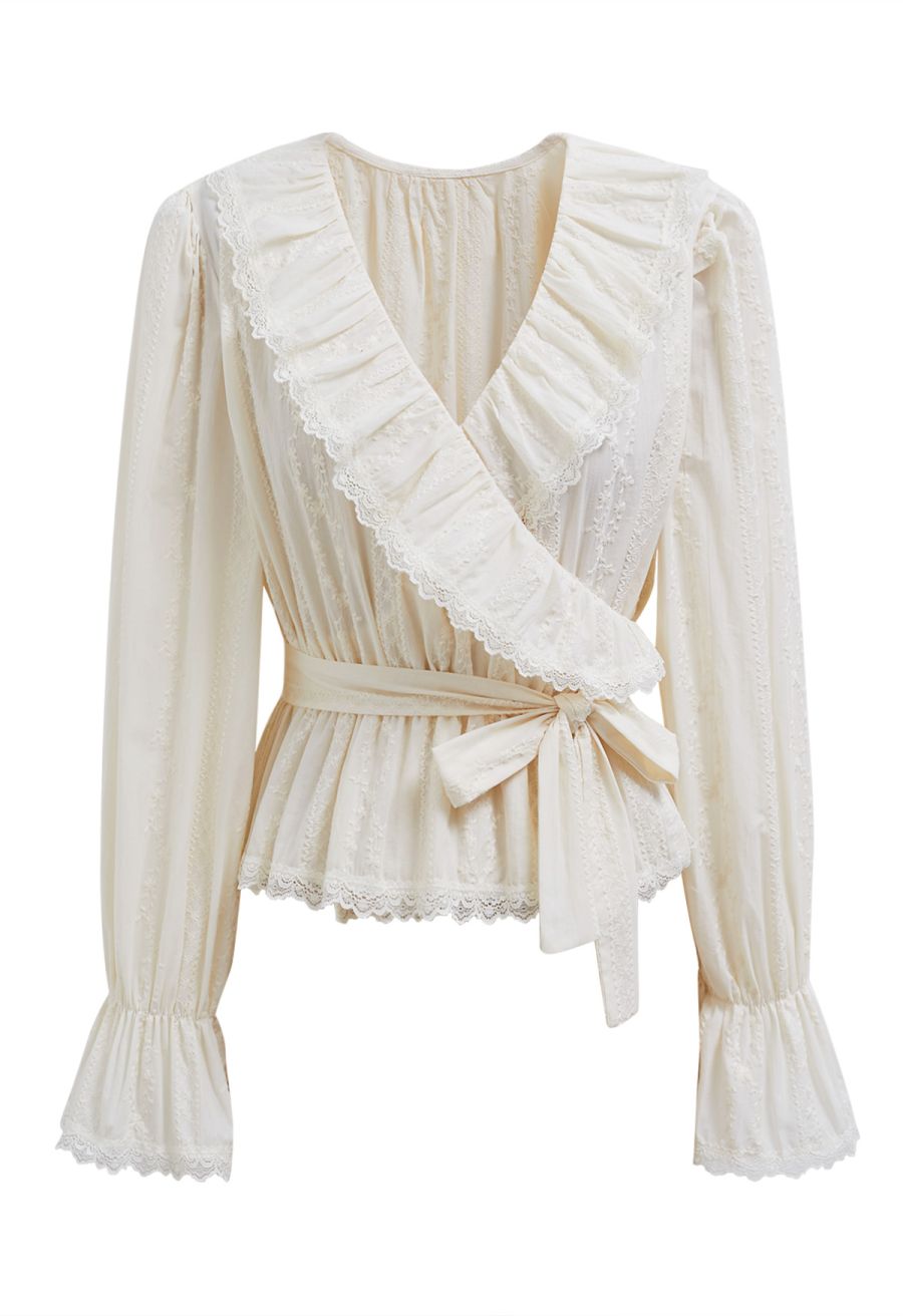 Lace Floret Embroidered Self-Tie Wrap Top in Cream
