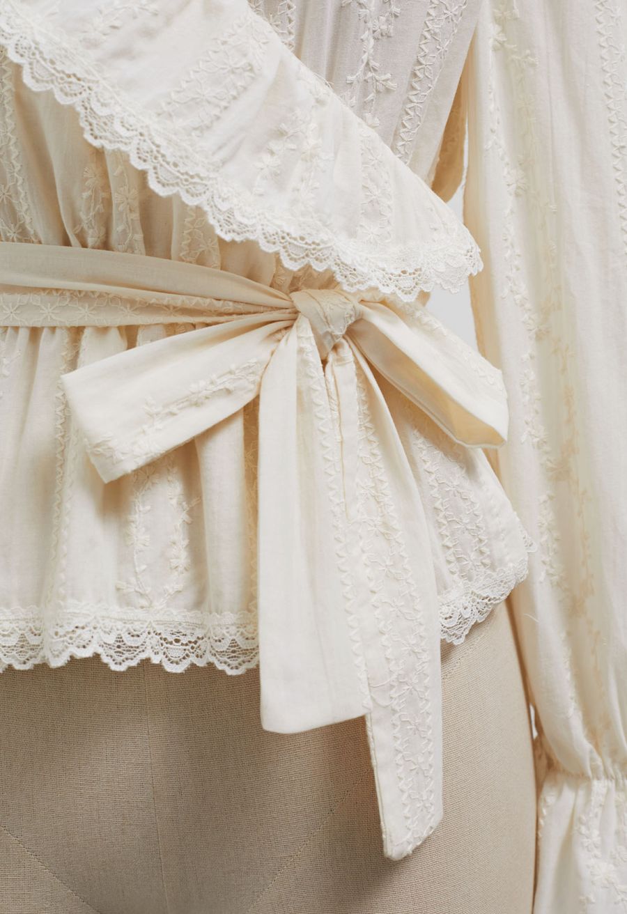 Lace Floret Embroidered Self-Tie Wrap Top in Cream