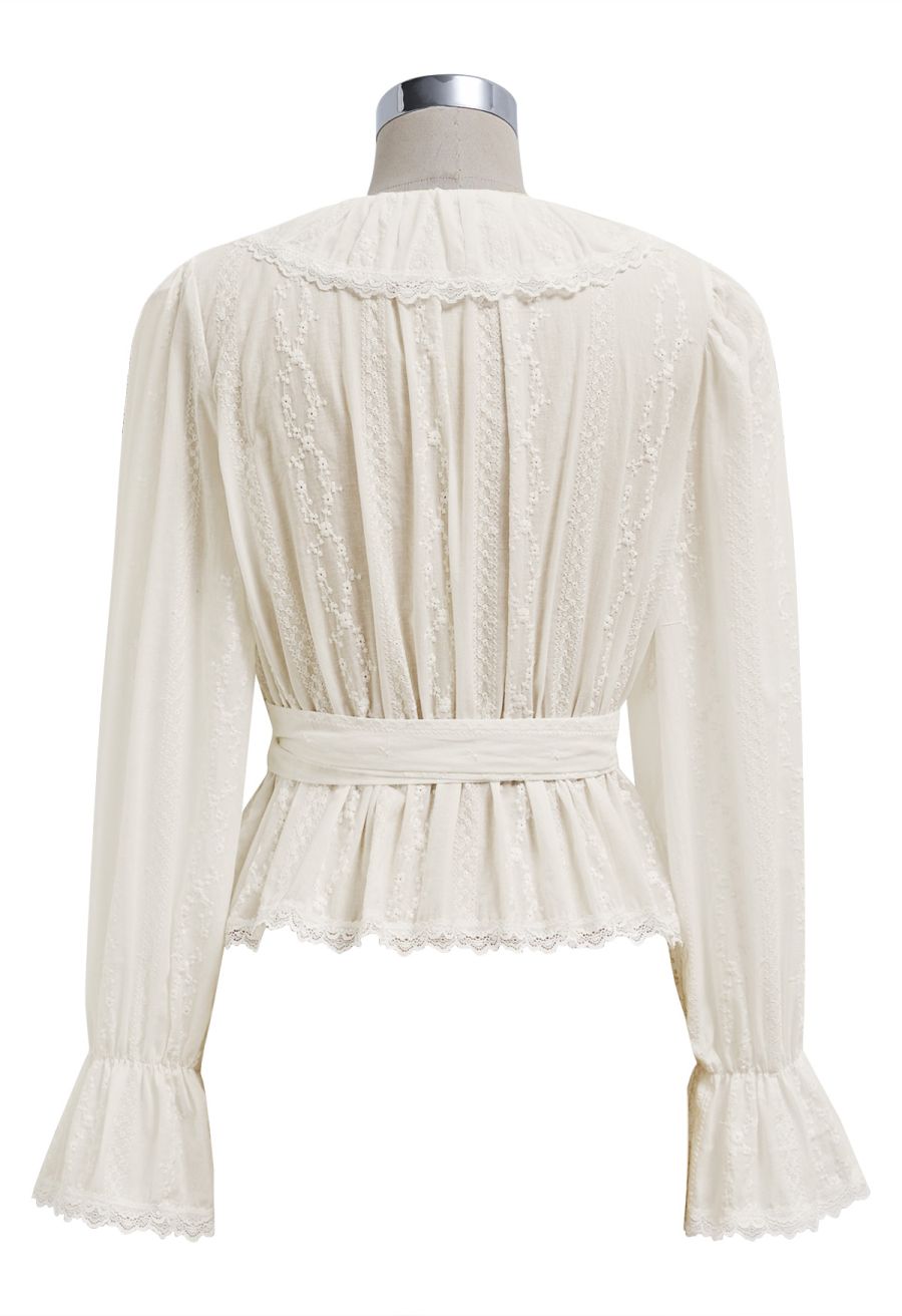 Lace Floret Embroidered Self-Tie Wrap Top in Cream