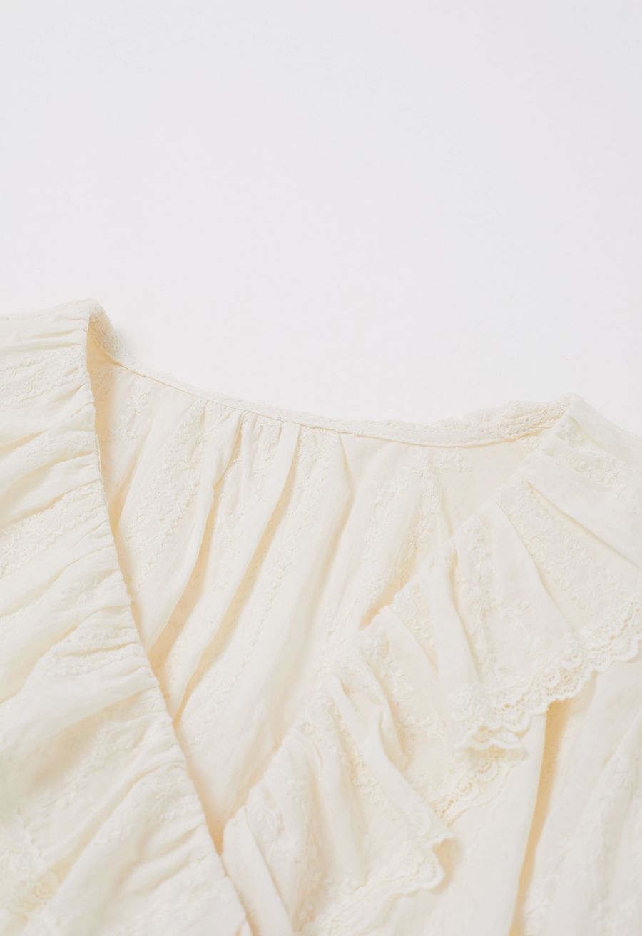 Lace Floret Embroidered Self-Tie Wrap Top in Cream