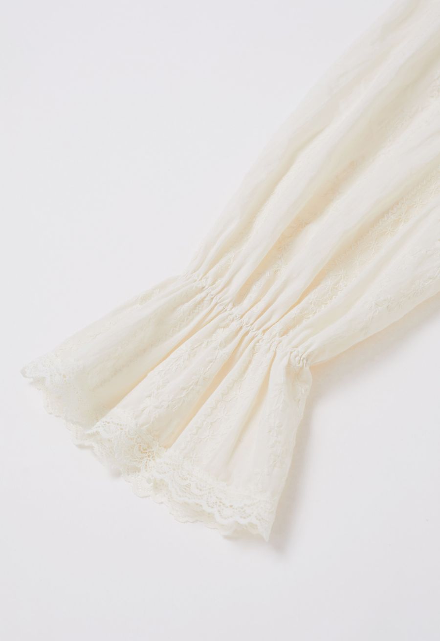 Lace Floret Embroidered Self-Tie Wrap Top in Cream
