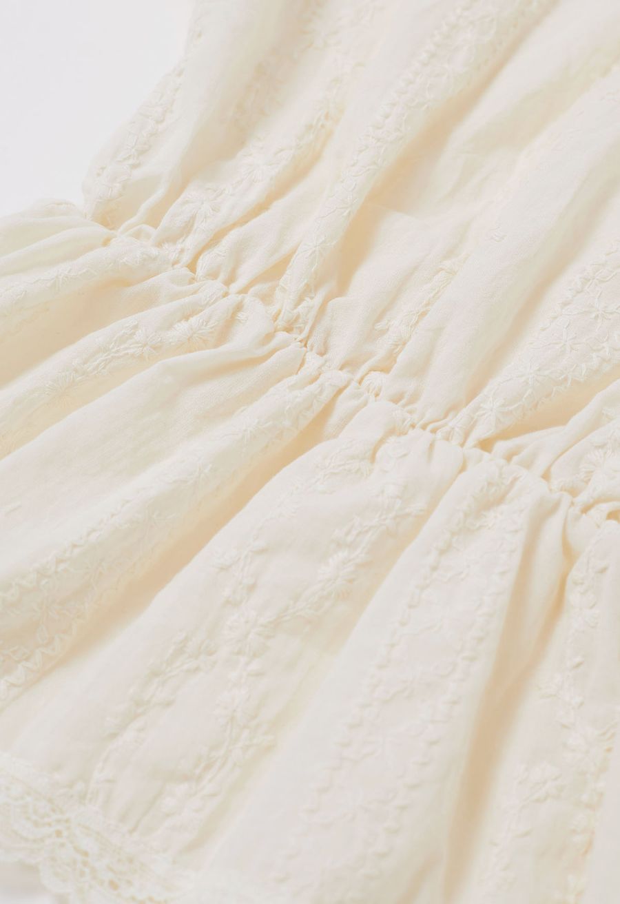 Lace Floret Embroidered Self-Tie Wrap Top in Cream