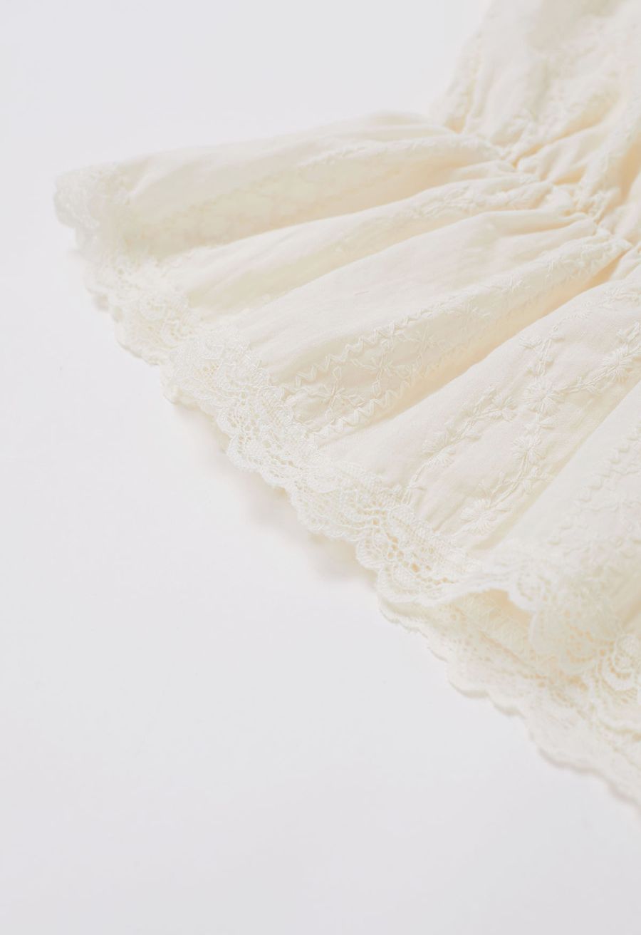 Lace Floret Embroidered Self-Tie Wrap Top in Cream
