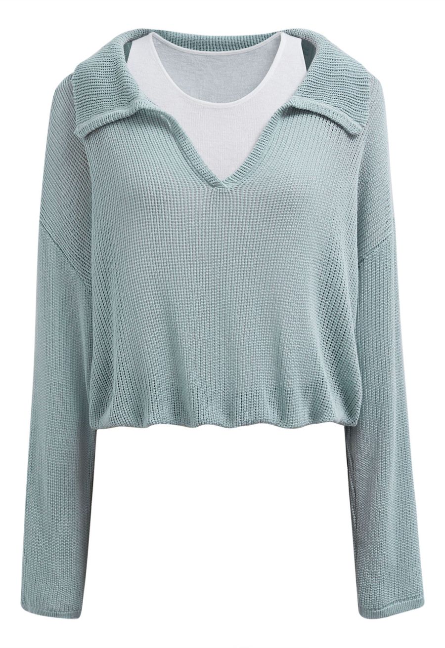 Fake Two-Piece Collared Eyelet Knit Top in Teal