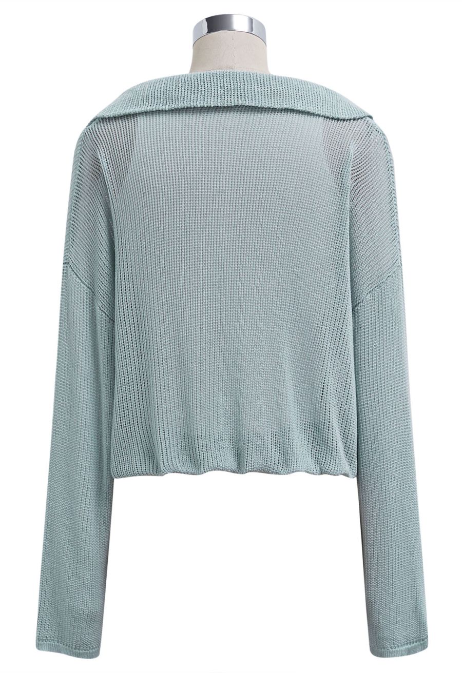 Fake Two-Piece Collared Eyelet Knit Top in Teal