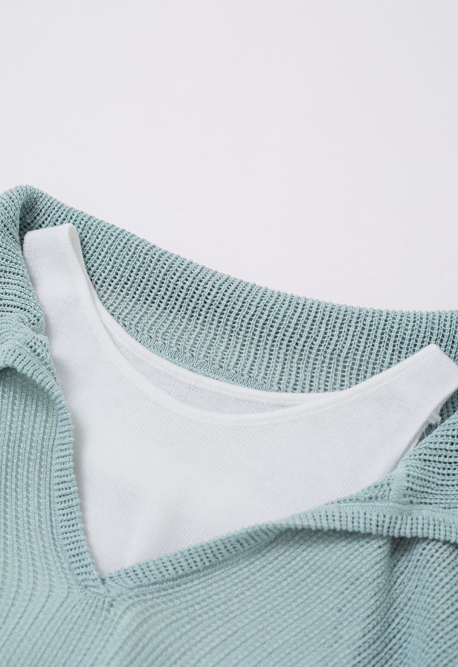Fake Two-Piece Collared Eyelet Knit Top in Teal