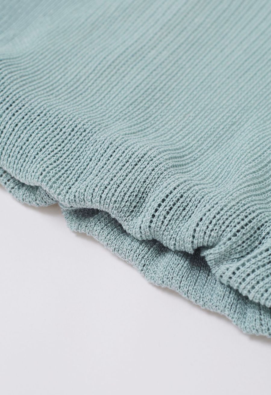 Fake Two-Piece Collared Eyelet Knit Top in Teal