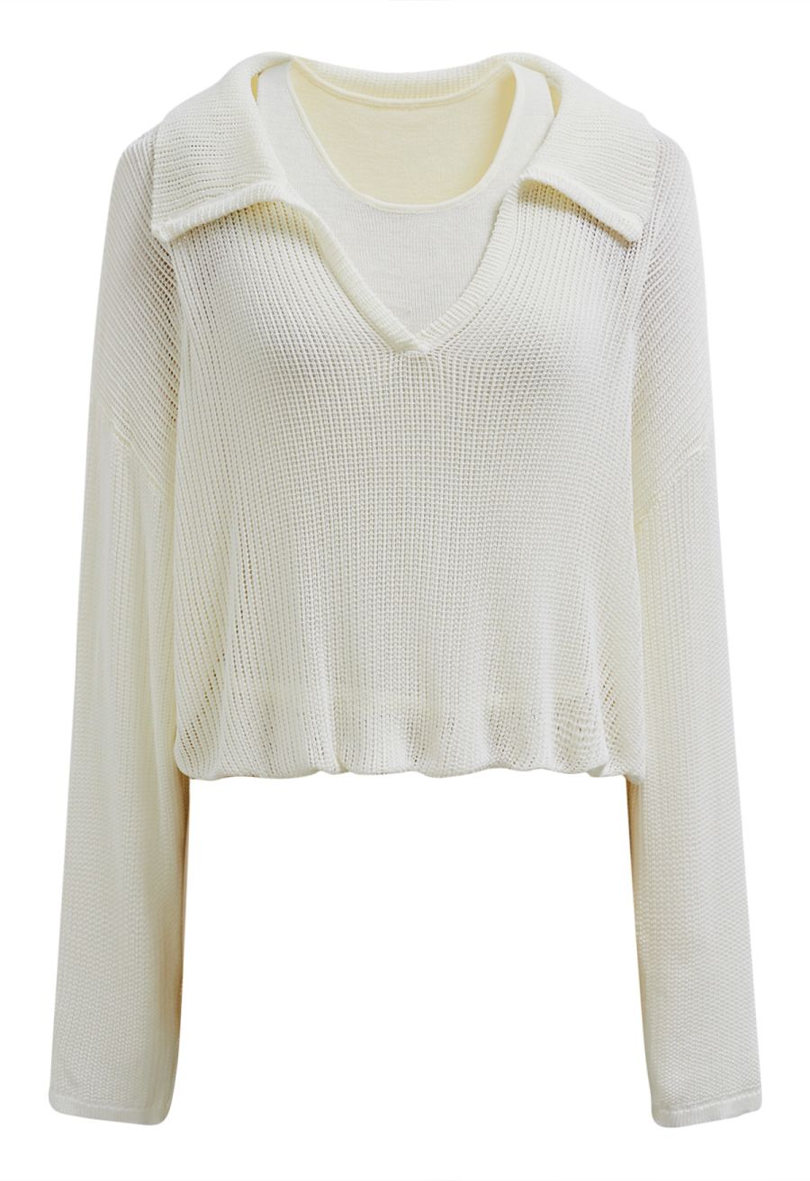 Fake Two-Piece Collared Eyelet Knit Top in Light Yellow