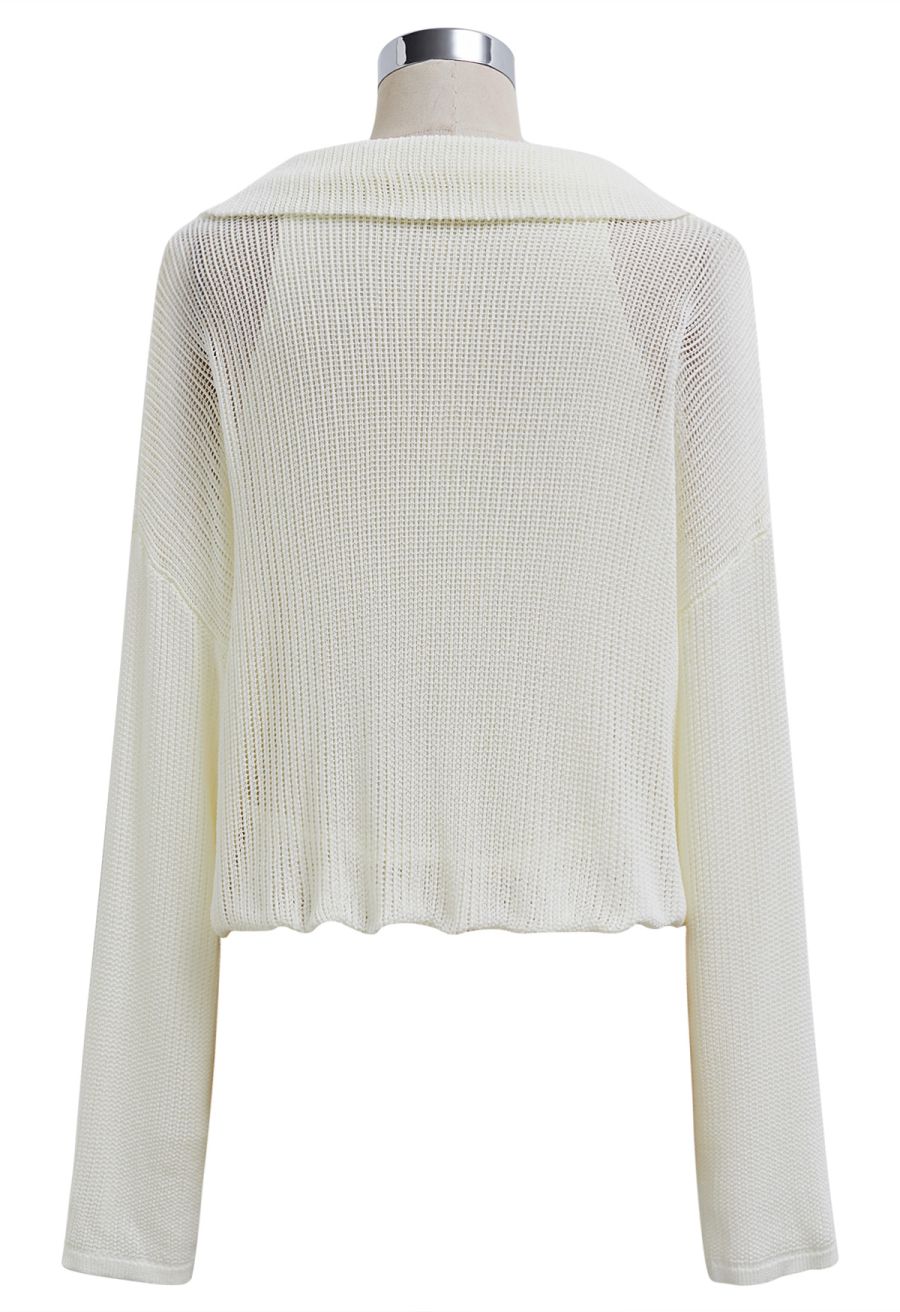 Fake Two-Piece Collared Eyelet Knit Top in Light Yellow