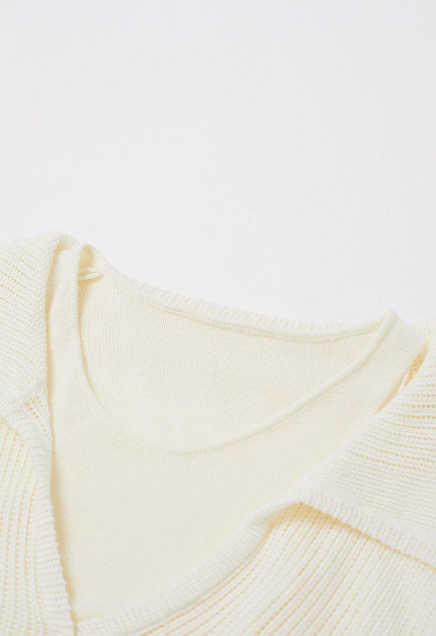 Fake Two-Piece Collared Eyelet Knit Top in Light Yellow