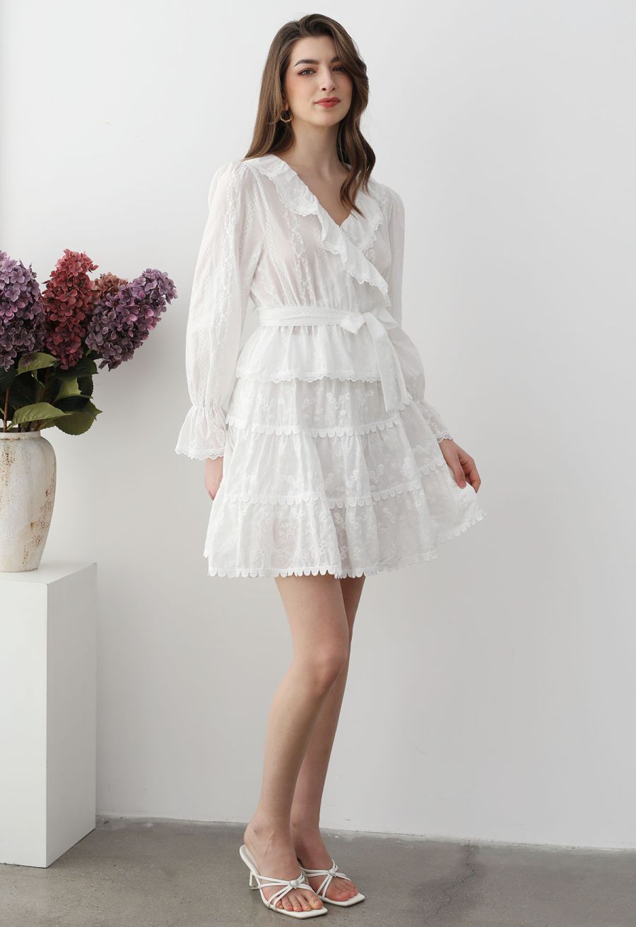 Lace Floret Embroidered Self-Tie Wrap Top in White