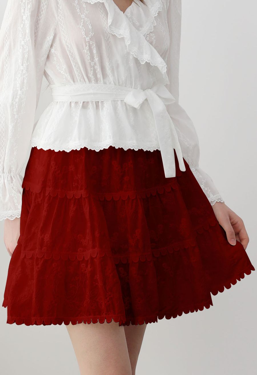 Garden Cutie Floret Embroidered Mini Skirt in Red
