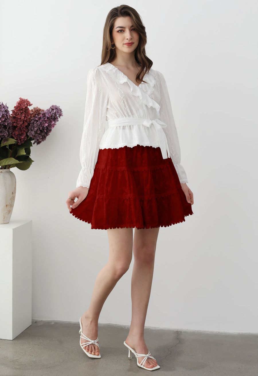 Garden Cutie Floret Embroidered Mini Skirt in Red