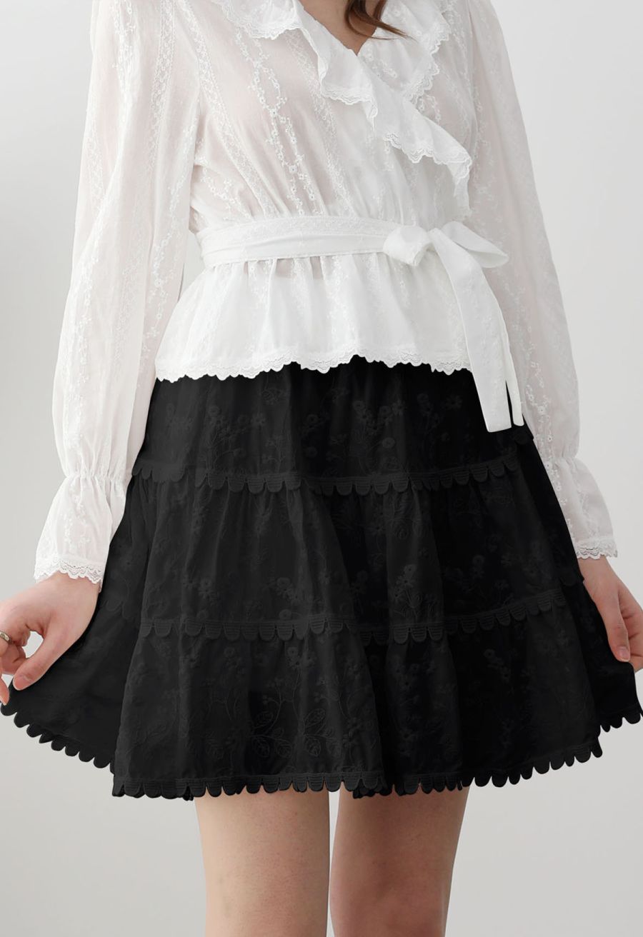 Garden Cutie Floret Embroidered Mini Skirt in Black