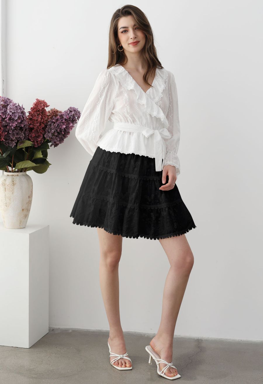 Garden Cutie Floret Embroidered Mini Skirt in Black