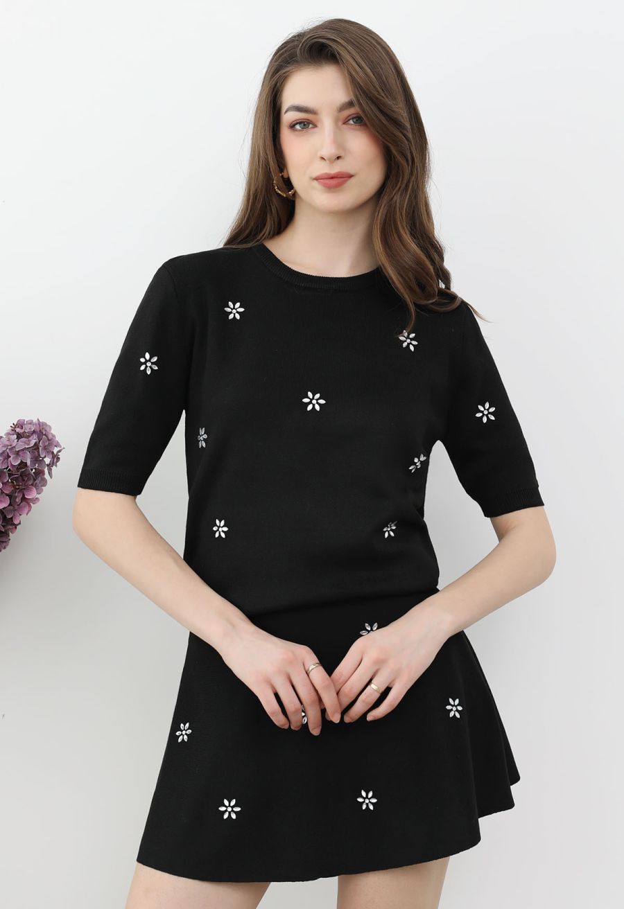 Floral Rhinestones Embellished Knit Top and Skirt Set in Black