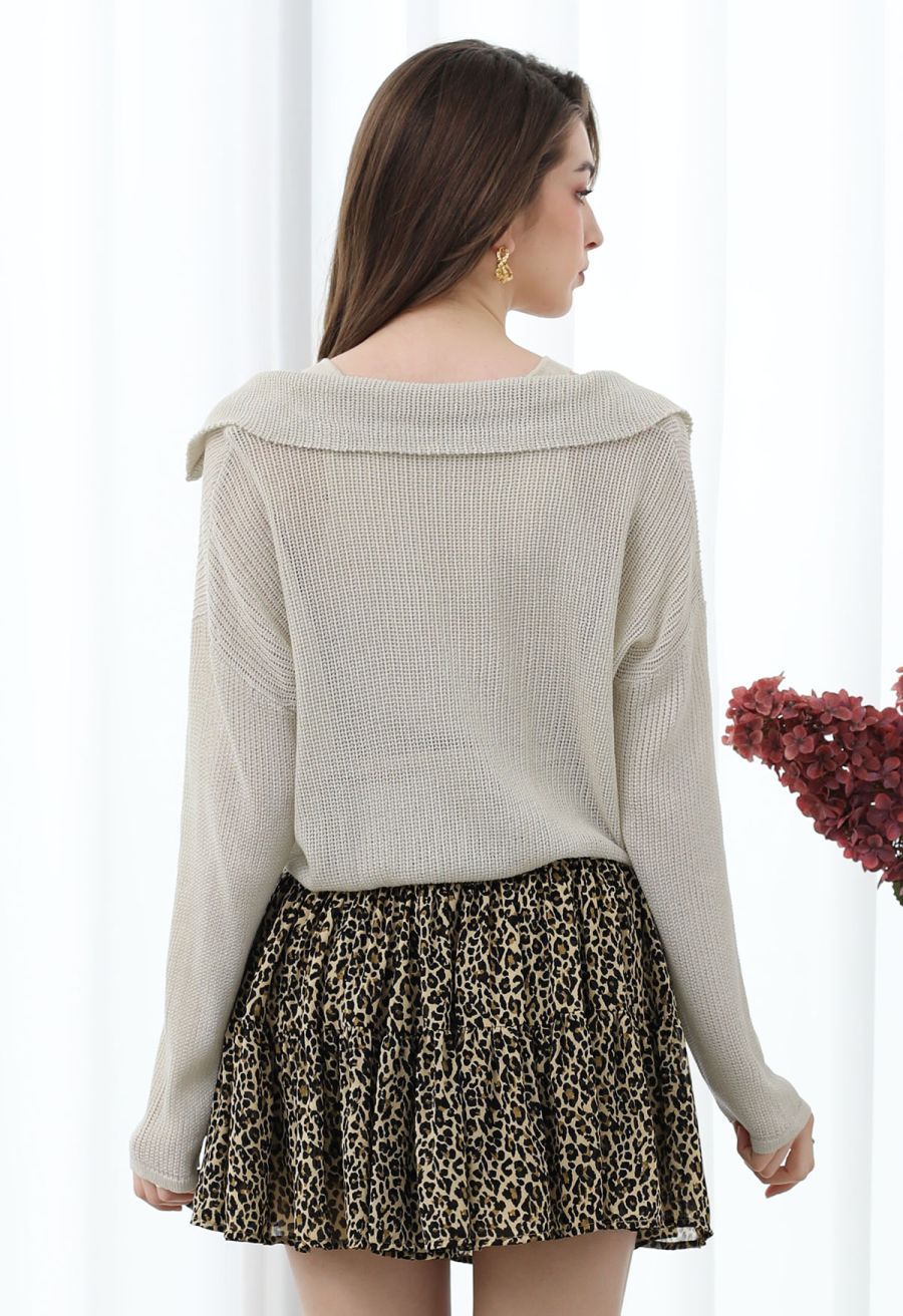 Fake Two-Piece Collared Eyelet Knit Top in Oatmeal