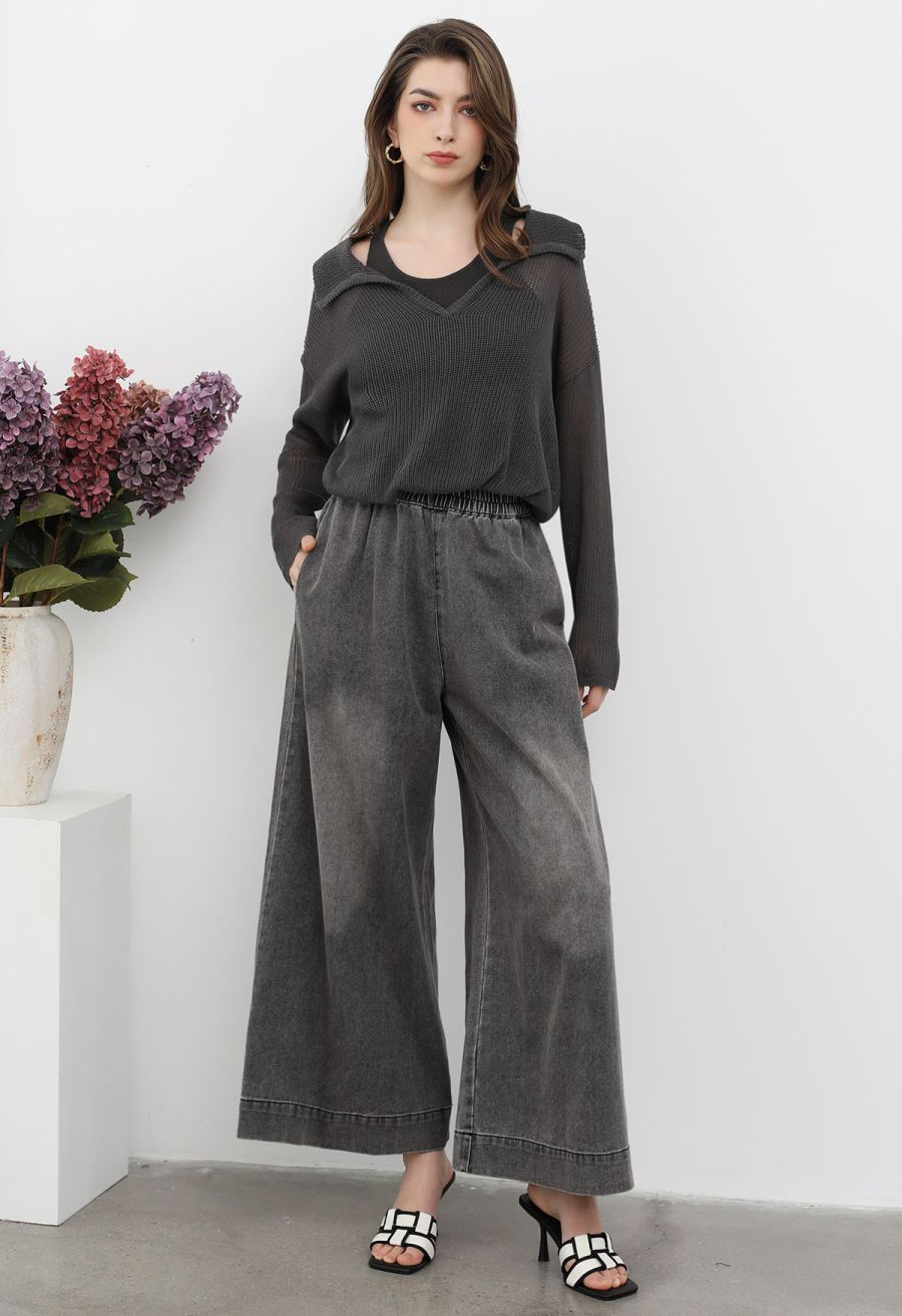 Fake Two-Piece Collared Eyelet Knit Top in Smoke