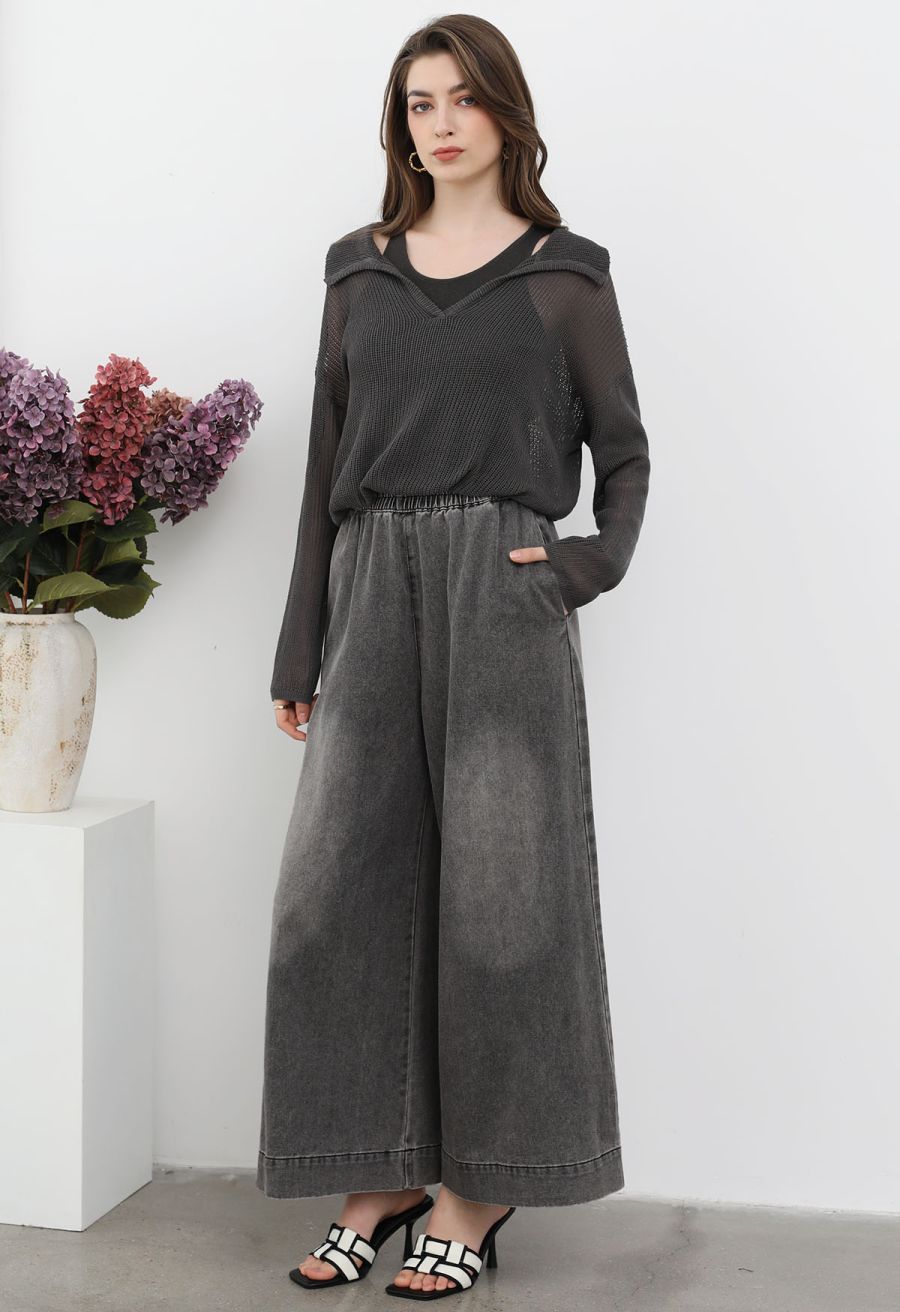 Sleek Proposition Elastic Waist Wide-Leg Jeans in Grey