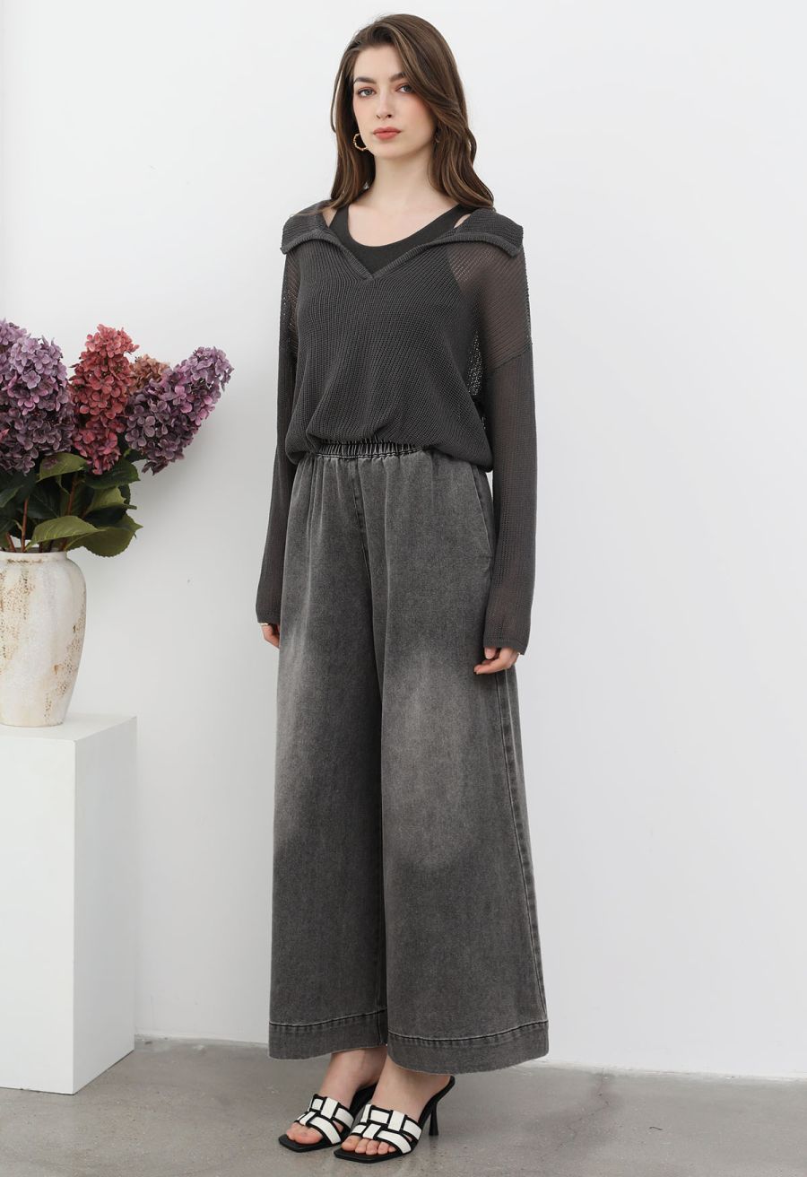 Sleek Proposition Elastic Waist Wide-Leg Jeans in Grey