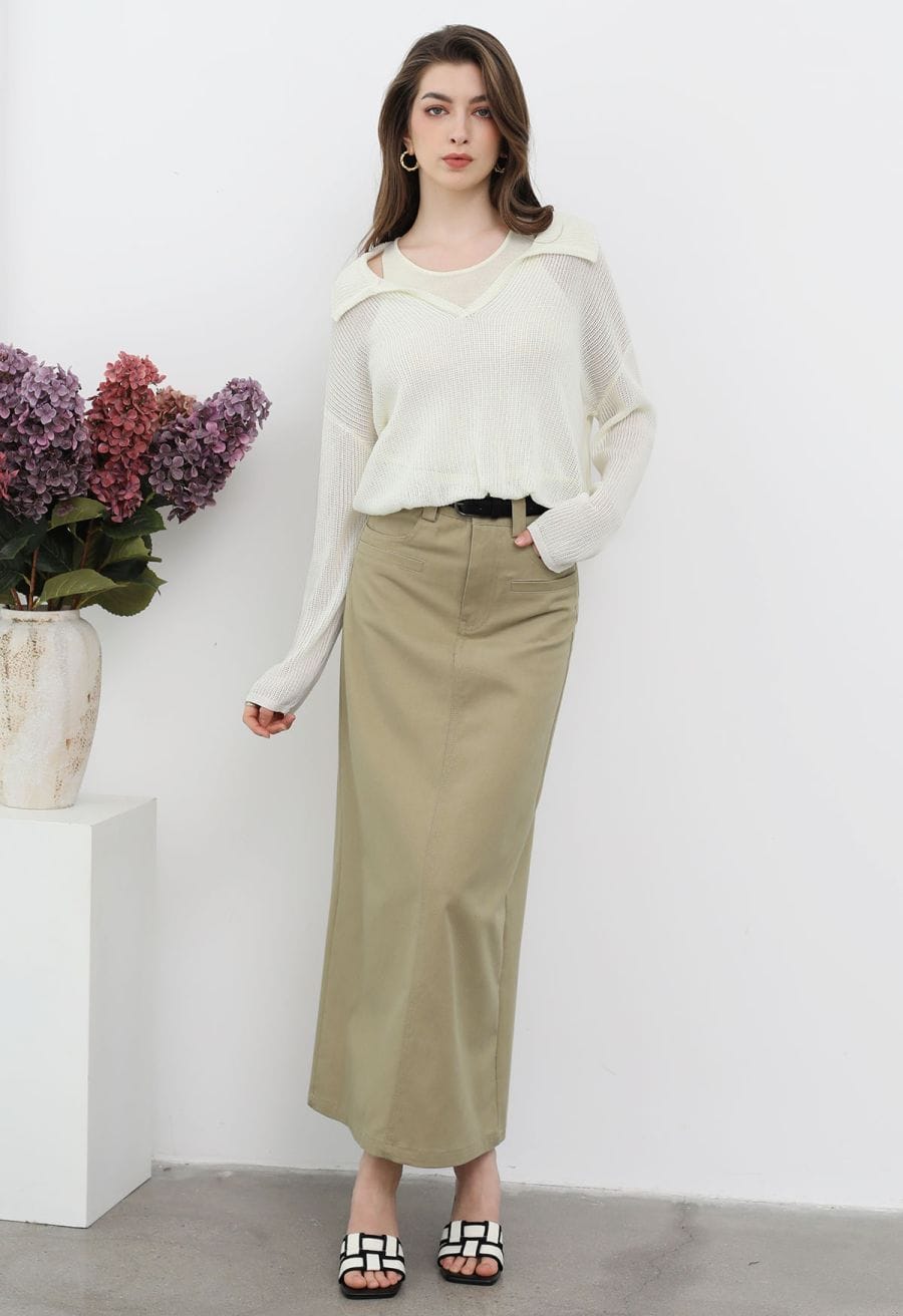 Fake Two-Piece Collared Eyelet Knit Top in Light Yellow