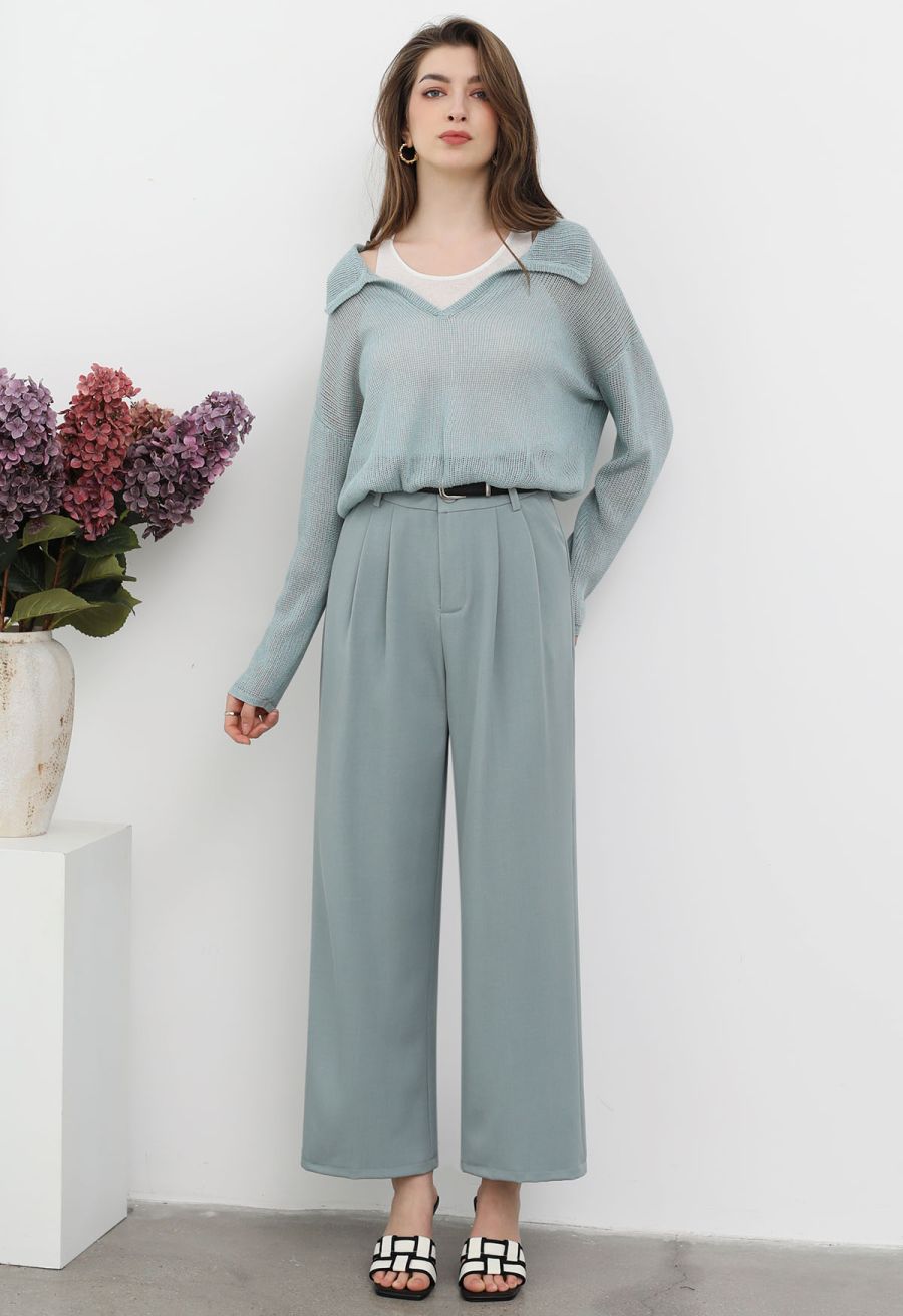 Fake Two-Piece Collared Eyelet Knit Top in Teal