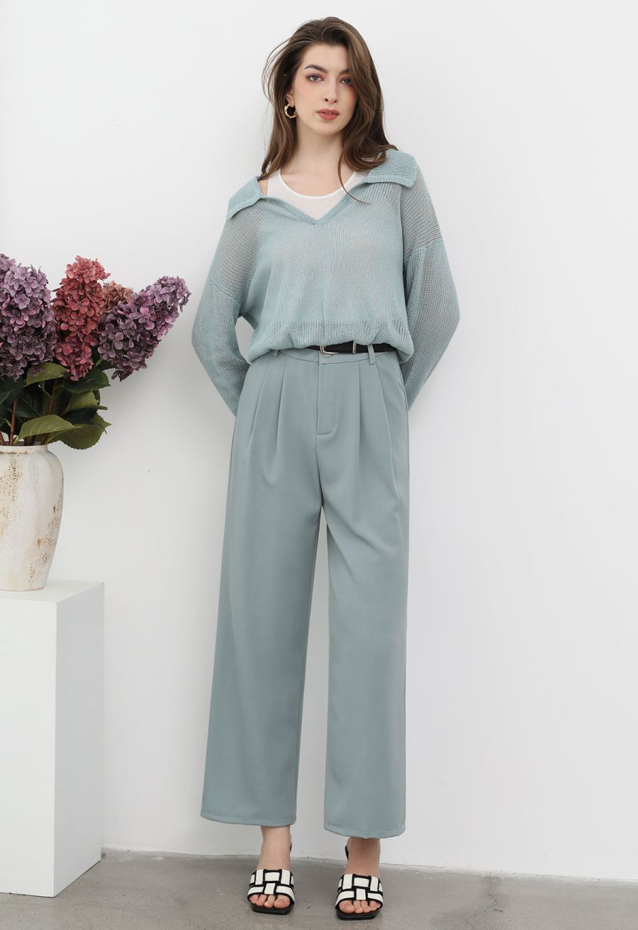 Fake Two-Piece Collared Eyelet Knit Top in Teal