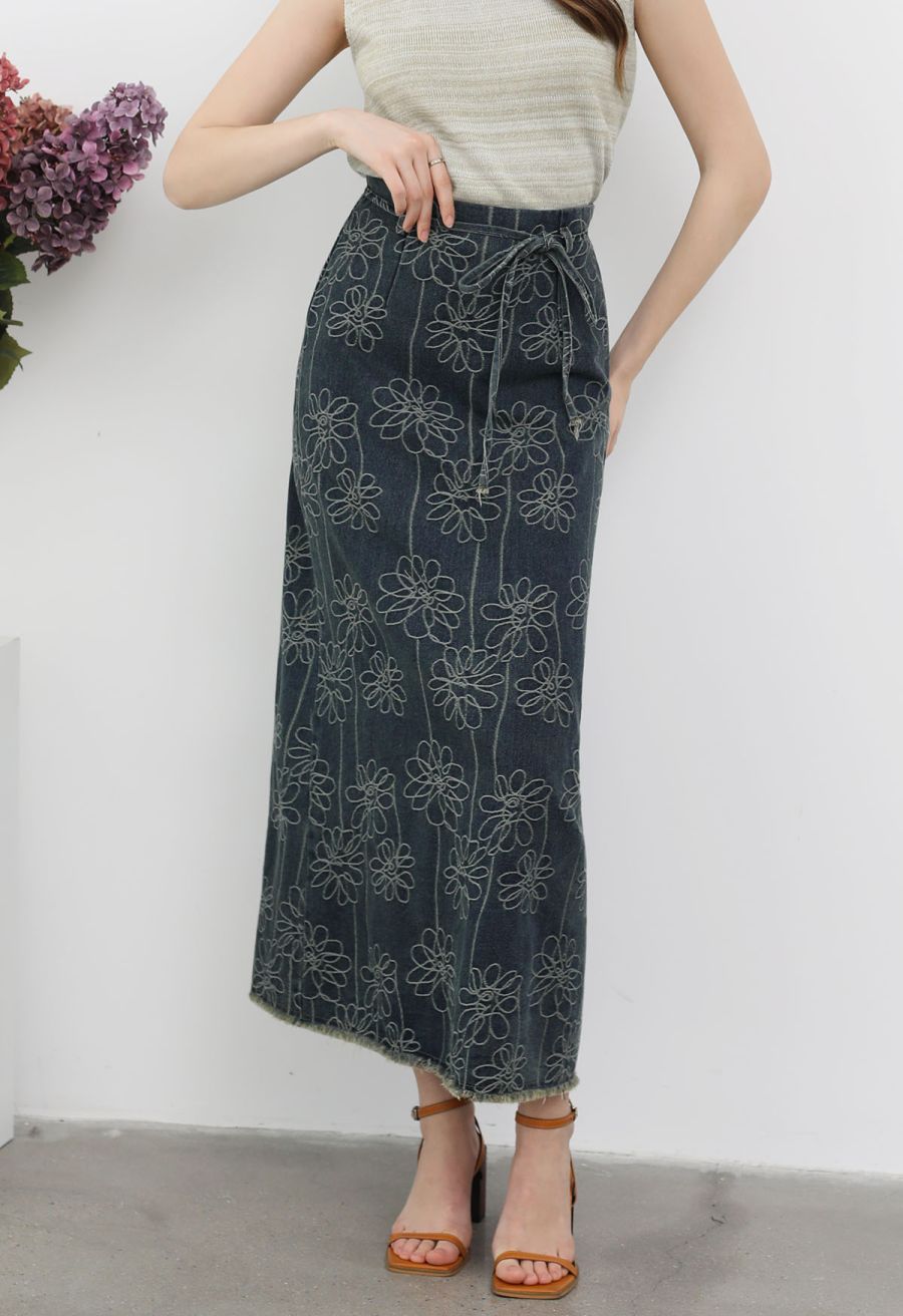 Floral Jacquard Tie-String Fringed Denim Maxi Skirt