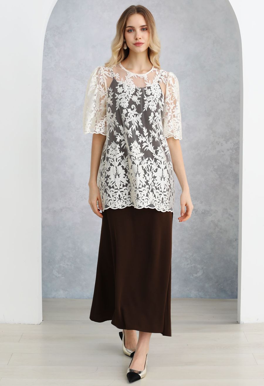 Floral Embroidered Sheer Mesh Top in Ivory