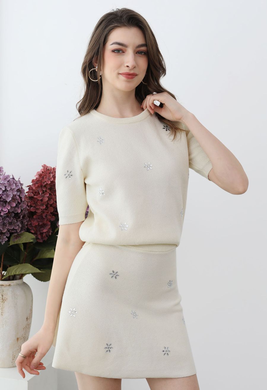Floral Rhinestones Embellished Knit Top and Skirt Set in Cream