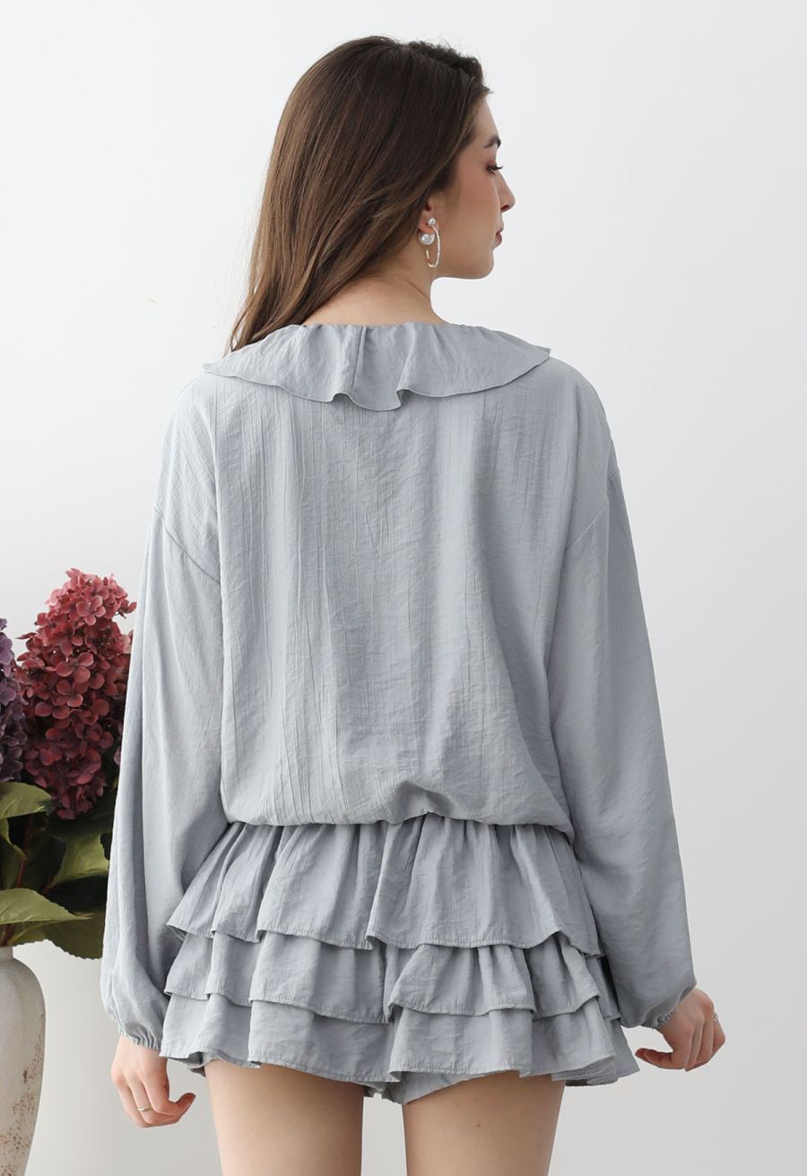 Ruffle Trim Tiered Hem Top and Shorts Set in Dusty Blue