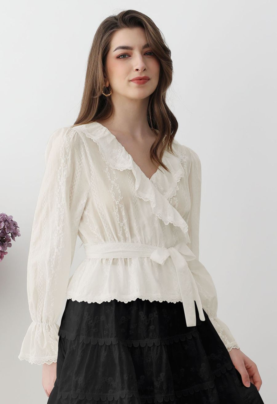 Lace Floret Embroidered Self-Tie Wrap Top in Cream