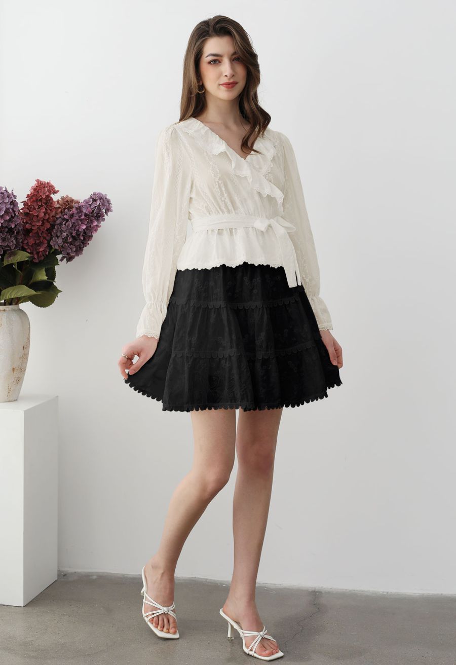 Lace Floret Embroidered Self-Tie Wrap Top in Cream