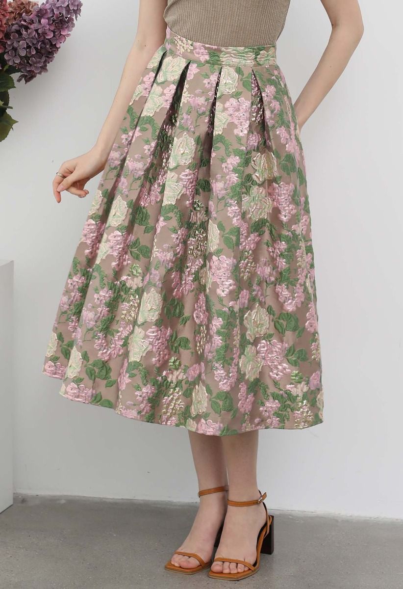 Sweet Brilliance Floral Embossed Jacquard Pleated Midi Skirt