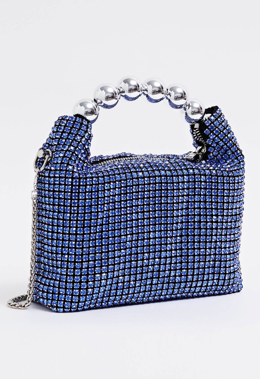 Lavish Full Rhinestone Beaded Handle Bag in Navy