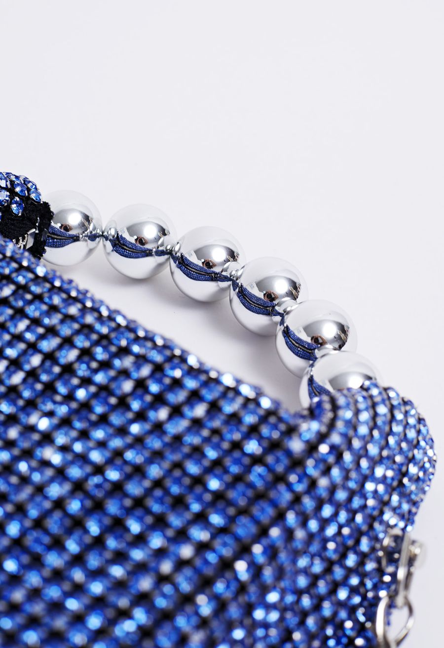 Lavish Full Rhinestone Beaded Handle Bag in Navy